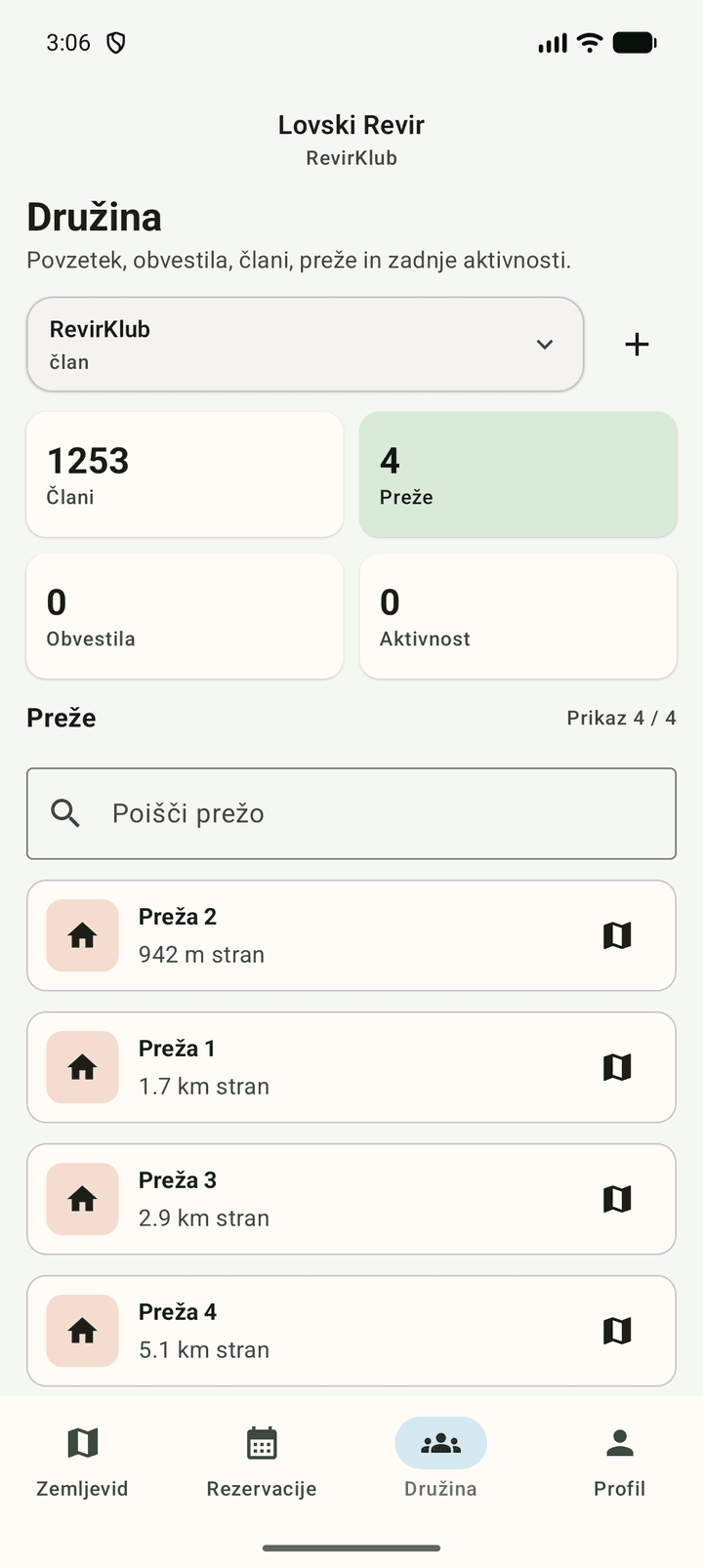 Android aplikacija LovskiRevir s pregledom družine in odprtim seznamom prež.