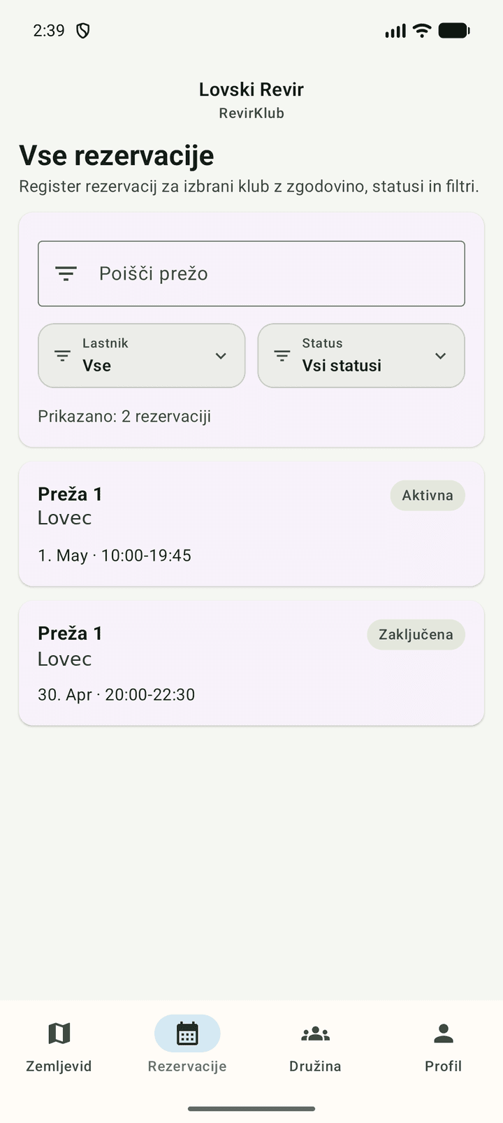 Android aplikacija LovskiRevir s filtrom in seznamom rezervacij za izbrani klub.