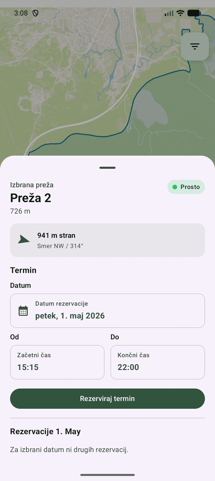 Android aplikacija LovskiRevir z odprto izbrano prežo na zemljevidu in obrazcem za rezervacijo.